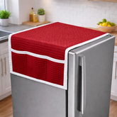 Waffle Fabric Refrigerator Dust Proof Cover with Storage Pockets - Washer and Dryer Top Cover - Protective, Durable, Easy to Clean - Red - Set of 1