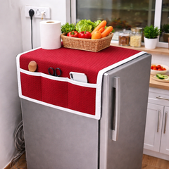 Waffle Fabric Refrigerator Dust Proof Cover with Storage Pockets - Washer and Dryer Top Cover - Protective, Durable, Easy to Clean - Red - Set of 1