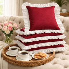 Royal Maroon Decorative Cushion Covers Set of 5 – Premium Solid Cushions with Elegant Frill Border, Soft & Stylish Home Décor, 12x12 Inch