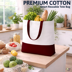 Premium Quality 100% Cotton Tote Bag 13 x 15 Inch – Reusable Eco-Friendly Canvas Shopping, Travel & Daily Carry Bag (Burgundy/White)