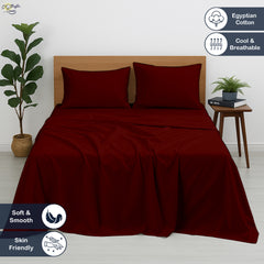 Premium 100% Cotton 4-Piece Bed Sheet Set | 400 TC | Flat Sheet, Elastic Fitted Sheet & 2 Pillow Covers | 10-Inch Deep Pocket (Burgundy)