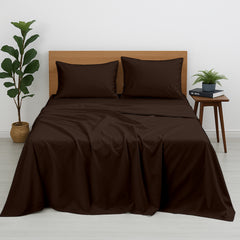 Premium 100% Cotton 4-Piece Bed Sheet Set | 400 TC | Flat Sheet, Elastic Fitted Sheet & 2 Pillow Covers | 10-Inch Deep Pocket (Chocolate)