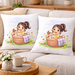 Cute Girl with Puppy Printed Cushion | 100% Cotton Decorative Cushion for Sofa & Living Room (Pack of 1)