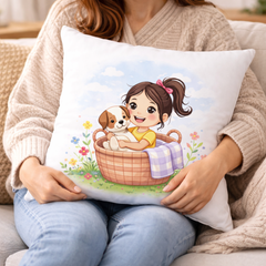 Cute Girl with Puppy Printed Cushion | 100% Cotton Decorative Cushion for Sofa & Living Room (Pack of 1)