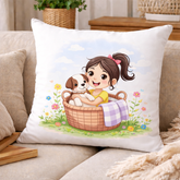 Cute Girl with Puppy Printed Cushion | 100% Cotton Decorative Cushion for Sofa & Living Room (Pack of 1)