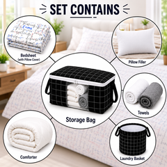7-Piece Home Essentials Combo Set with Storage Bag | Single Comforter, Bedsheet, Pillow, Laundry Basket, Face & Bath Towel |Ideal for Hostel, PG, Travel & Gifting, Student Utility Pack