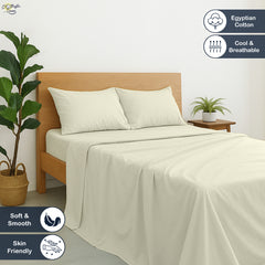 Premium 100% Cotton 4-Piece Bed Sheet Set | 400 TC | Flat Sheet, Elastic Fitted Sheet & 2 Pillow Covers | 10-Inch Deep Pocket (Ivory)