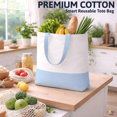 Premium Quality 100% Cotton Tote Bag 13 x 15 Inch – Reusable Eco-Friendly Canvas Shopping, Travel & Daily Carry Bag (Light Blue/White)