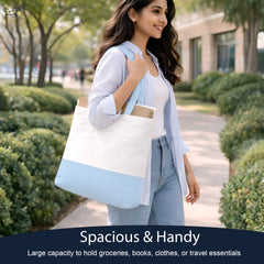 Premium Quality 100% Cotton Tote Bag 13 x 15 Inch – Reusable Eco-Friendly Canvas Shopping, Travel & Daily Carry Bag (Light Blue/White)