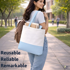 Premium Quality 100% Cotton Tote Bag 13 x 15 Inch – Reusable Eco-Friendly Canvas Shopping, Travel & Daily Carry Bag (Light Blue/White)