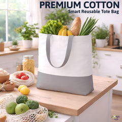 Premium Quality 100% Cotton Tote Bag 13 x 15 Inch – Reusable Eco-Friendly Canvas Shopping, Travel & Daily Carry Bag (Light Grey/White)