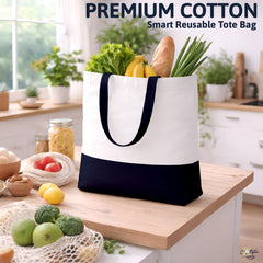 Premium Quality 100% Cotton Tote Bag 13 x 15 Inch – Reusable Eco-Friendly Canvas Shopping, Travel & Daily Carry Bag (Navy Blue/White)