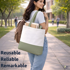 Premium Quality 100% Cotton Tote Bag 13 x 15 Inch – Reusable Eco-Friendly Canvas Shopping, Travel & Daily Carry Bag (Sage/White)