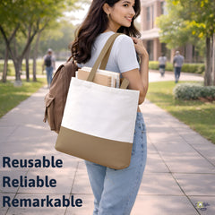 Premium Quality 100% Cotton Tote Bag 13 x 15 Inch – Reusable Eco-Friendly Canvas Shopping, Travel & Daily Carry Bag (Taupe/White)