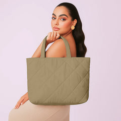 Taupe Microfiber Quilted Tote Bag 13 x 15 Inch – Lightweight, Durable Shoulder Bag for Shopping, Travel & Daily Use