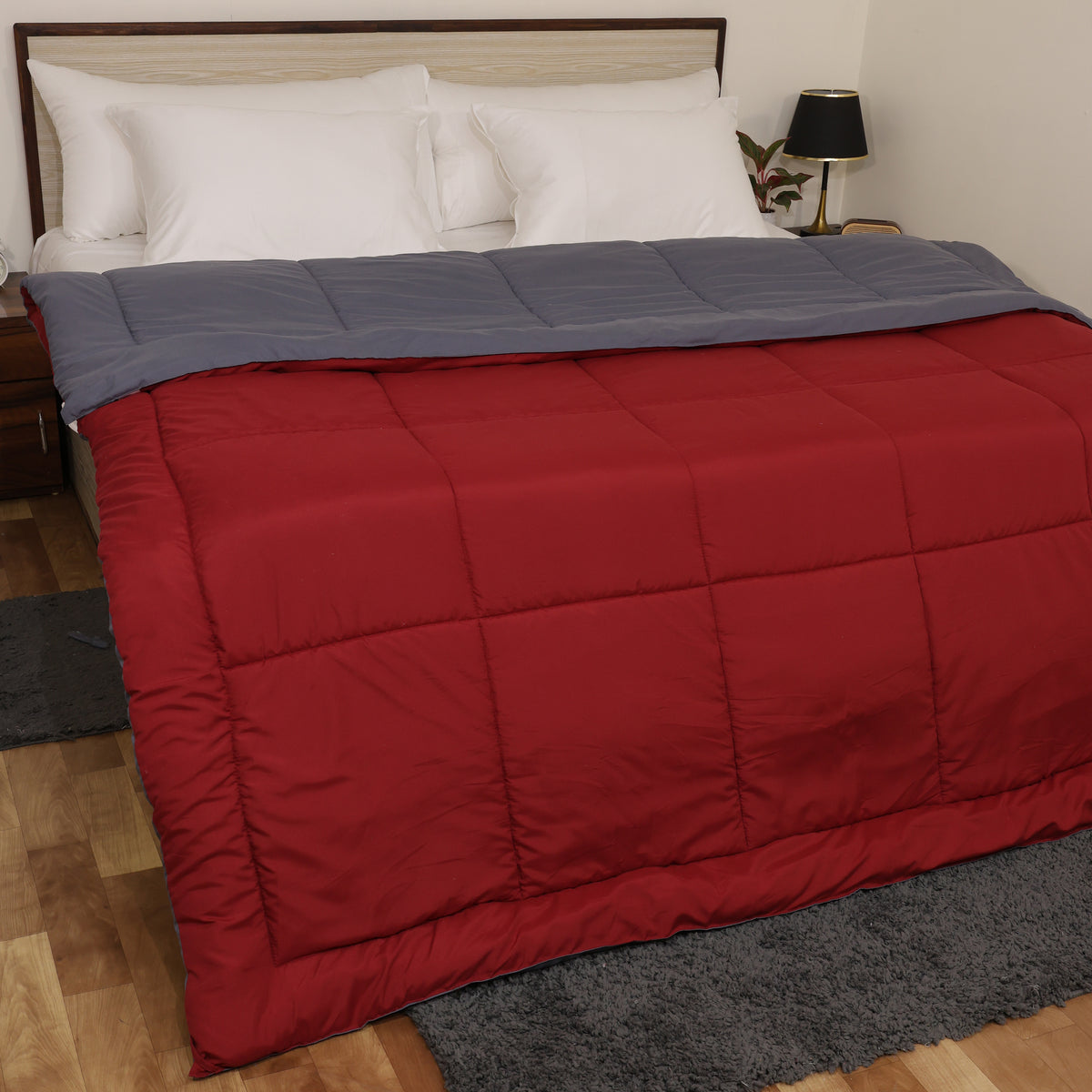 Luxurious Down Alternative Reversible Comforter | All Season Warmth Down 1 PC Reversible Comforter Set | 100% Microfiber Cover | Down Fiber Duvet Insert | Dark Grey/Burgundy