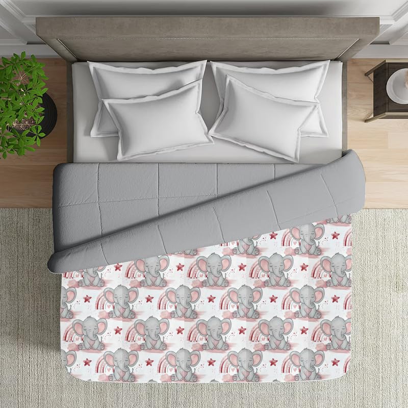 Reversible Microfiber Dohar Blanket – Lightweight All-Season Comfort, Ultra-Soft Microfiber, Perfect for Single & Double Beds, Ideal for Festive Gifting, Cute Elephant Pink & Light Grey