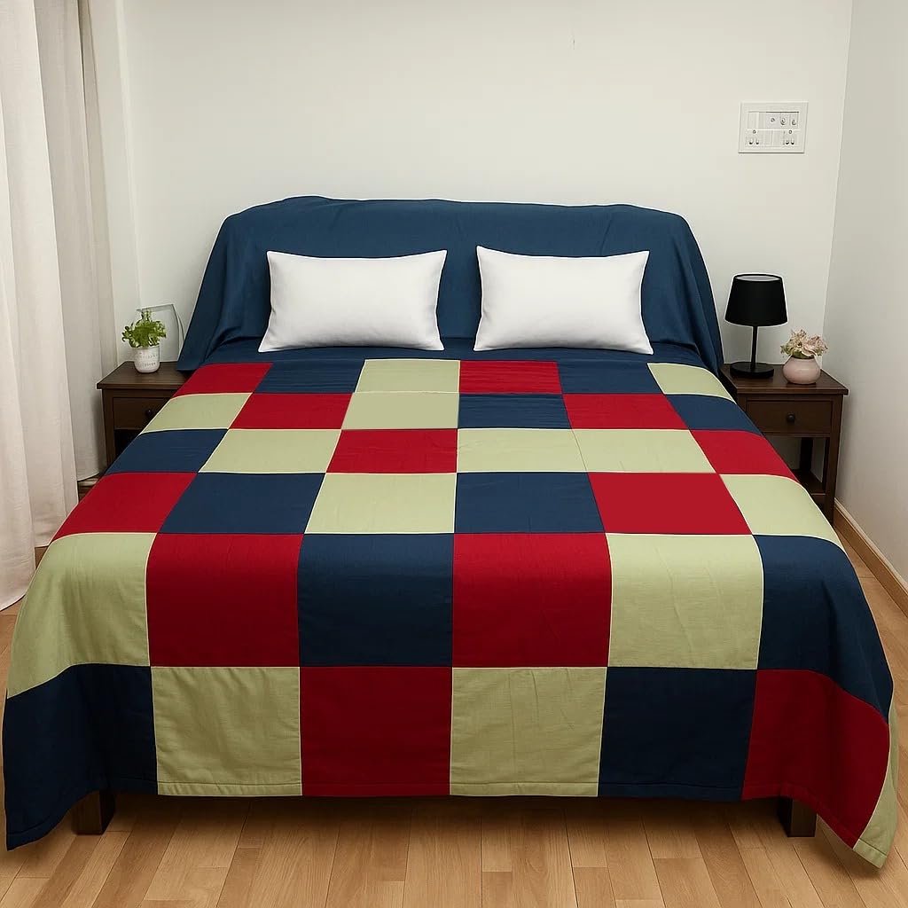 Reversible Cotton Dohar Blanket – Lightweight All-Season Comfort, 100% Pure Cotton, Perfect for Single & Double Beds, Ideal for Festive Gifting, Royal Trio Checkered
