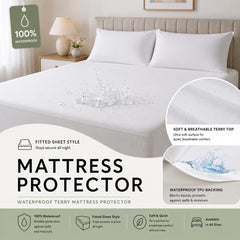 Waterproof Mattress Protector 12" Deep, Terry Cotton, Soft and Breathable Mattress Cover, Fitted Style, White