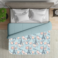 Reversible Microfiber Dohar Blanket – Lightweight All-Season Comfort, Ultra-Soft Microfiber, Perfect for Single & Double Beds, Ideal for Festive Gifting, Eiffel Elegance & Sky Blue
