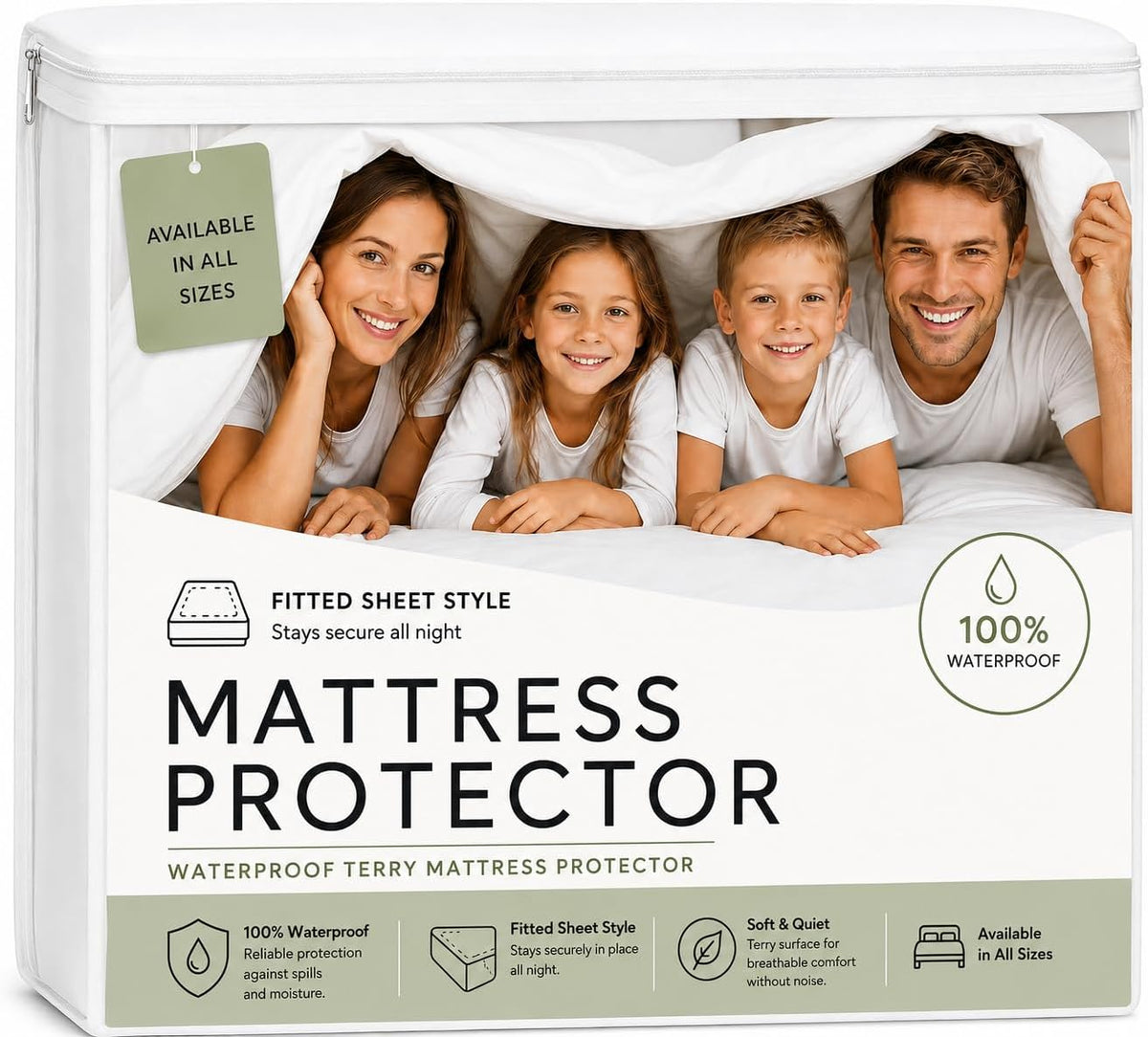 Waterproof Mattress Protector 12" Deep, Terry Cotton, Soft and Breathable Mattress Cover, Fitted Style, White