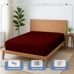 Premium 100% Cotton Fitted Bedsheet | Soft & Cooling Hotel-Quality Sheet | 10-Inch Deep Pocket, All-Round Elastic (Burgundy)