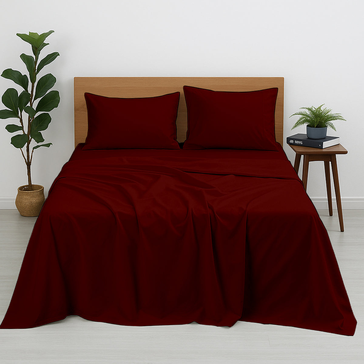Premium 100% Cotton 4-Piece Bed Sheet Set | 400 TC | Flat Sheet, Elastic Fitted Sheet & 2 Pillow Covers | 10-Inch Deep Pocket (Burgundy)