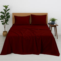 Premium 100% Cotton 4-Piece Bed Sheet Set | 400 TC | Flat Sheet, Elastic Fitted Sheet & 2 Pillow Covers | 10-Inch Deep Pocket (Burgundy)