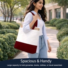 Premium Quality 100% Cotton Tote Bag 13 x 15 Inch – Reusable Eco-Friendly Canvas Shopping, Travel & Daily Carry Bag (Burgundy/White)