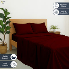 Premium 100% Cotton 4-Piece Bed Sheet Set | 400 TC | Flat Sheet, Elastic Fitted Sheet & 2 Pillow Covers | 10-Inch Deep Pocket (Burgundy)