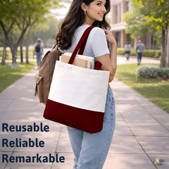 Premium Quality 100% Cotton Tote Bag 13 x 15 Inch – Reusable Eco-Friendly Canvas Shopping, Travel & Daily Carry Bag (Burgundy/White)