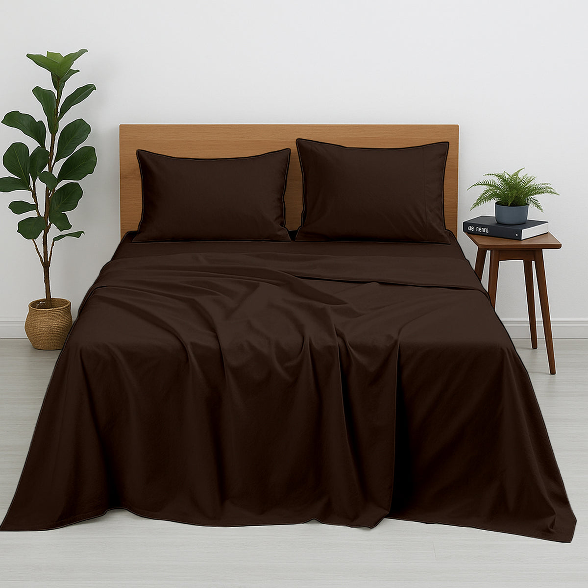 Premium 100% Cotton 4-Piece Bed Sheet Set | 400 TC | Flat Sheet, Elastic Fitted Sheet & 2 Pillow Covers | 10-Inch Deep Pocket (Chocolate)