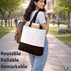Premium Quality 100% Cotton Tote Bag 13 x 15 Inch – Reusable Eco-Friendly Canvas Shopping, Travel & Daily Carry Bag (Chocolate/White)