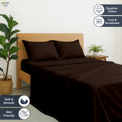 Premium 100% Cotton 4-Piece Bed Sheet Set | 400 TC | Flat Sheet, Elastic Fitted Sheet & 2 Pillow Covers | 10-Inch Deep Pocket (Chocolate)
