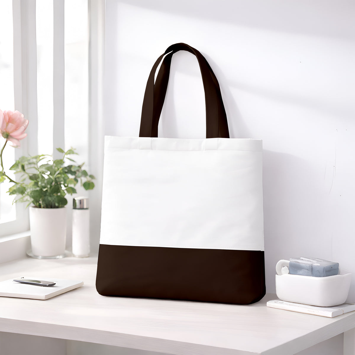 Premium Quality 100% Cotton Tote Bag 13 x 15 Inch – Reusable Eco-Friendly Canvas Shopping, Travel & Daily Carry Bag (Chocolate/White)