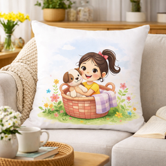 Cute Girl with Puppy Printed Cushion | 100% Cotton Decorative Cushion for Sofa & Living Room (Pack of 1)