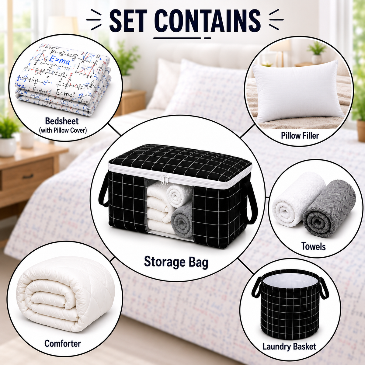 7-Piece Home Essentials Combo Set with Storage Bag | Single Comforter, Bedsheet, Pillow, Laundry Basket, Face & Bath Towel |Ideal for Hostel, PG, Travel & Gifting, Student Utility Pack