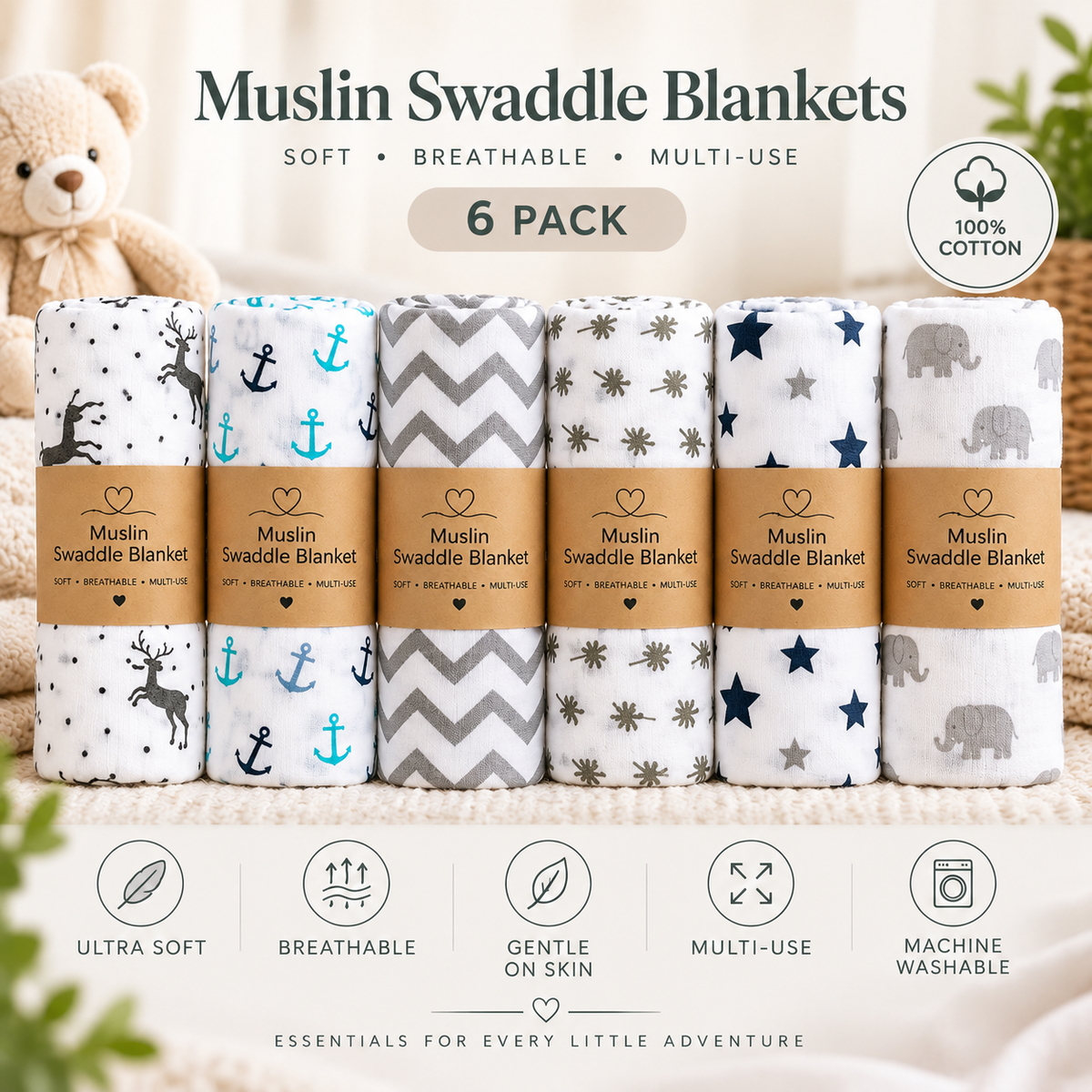 6-Pack Baby Muslin Swaddle Blankets – 100% Muslin Cotton, Soft & Breathable Receiving Blankets