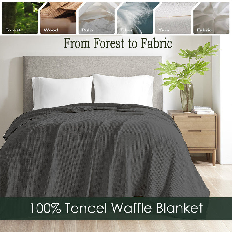 100% Tencel Waffle Weave Blanket Lightweight Washed Soft Breathable Blanket for All Season, Adults and Kids Dark Grey