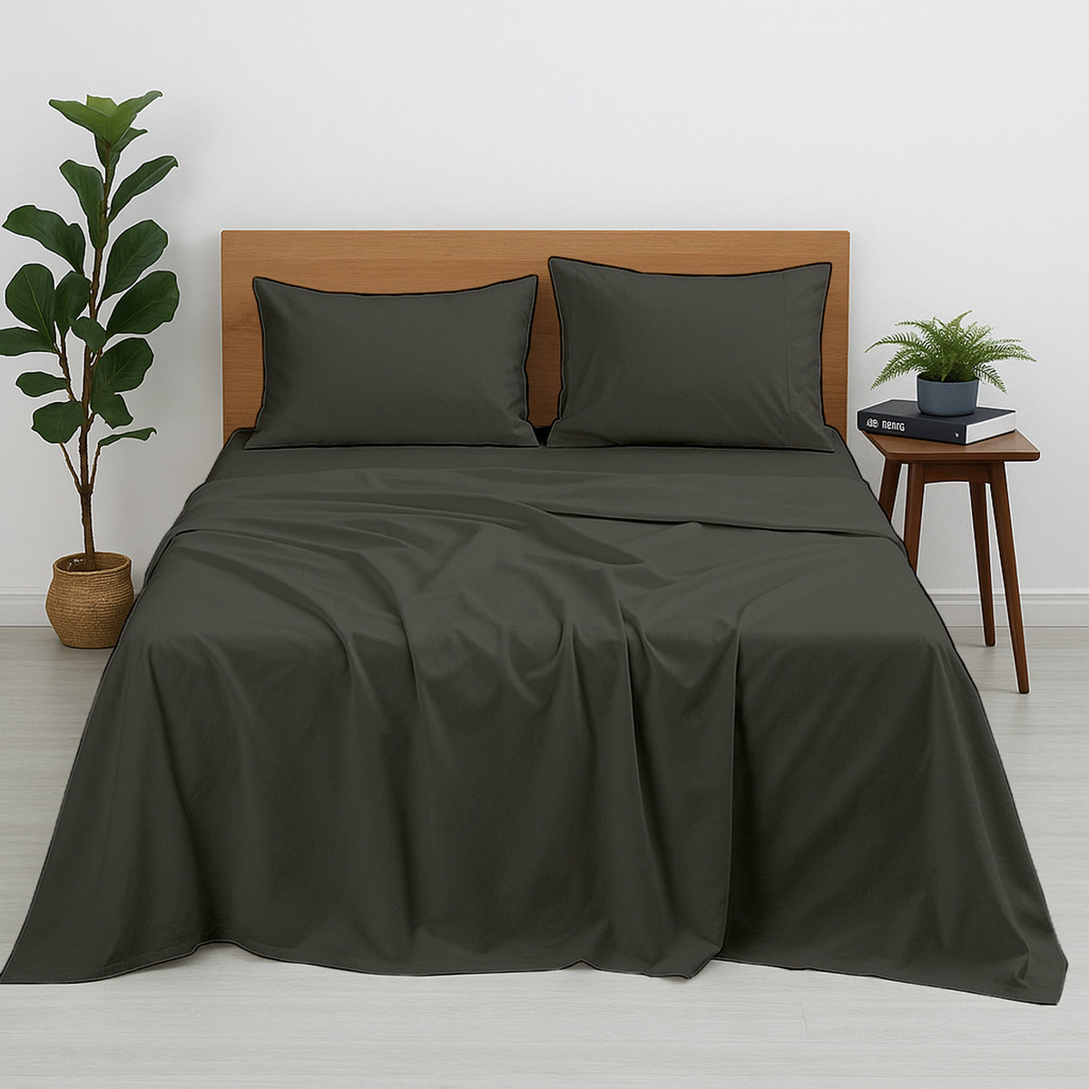 Premium 100% Cotton 4-Piece Bed Sheet Set | 400 TC | Flat Sheet, Elastic Fitted Sheet & 2 Pillow Covers | 10-Inch Deep Pocket (Dark Grey)