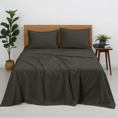 Premium 100% Cotton 4-Piece Bed Sheet Set | 400 TC | Flat Sheet, Elastic Fitted Sheet & 2 Pillow Covers | 10-Inch Deep Pocket (Dark Grey)