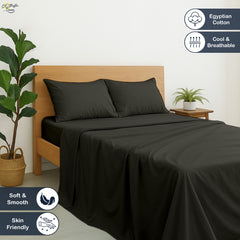 Premium 100% Cotton 4-Piece Bed Sheet Set | 400 TC | Flat Sheet, Elastic Fitted Sheet & 2 Pillow Covers | 10-Inch Deep Pocket (Dark Grey)