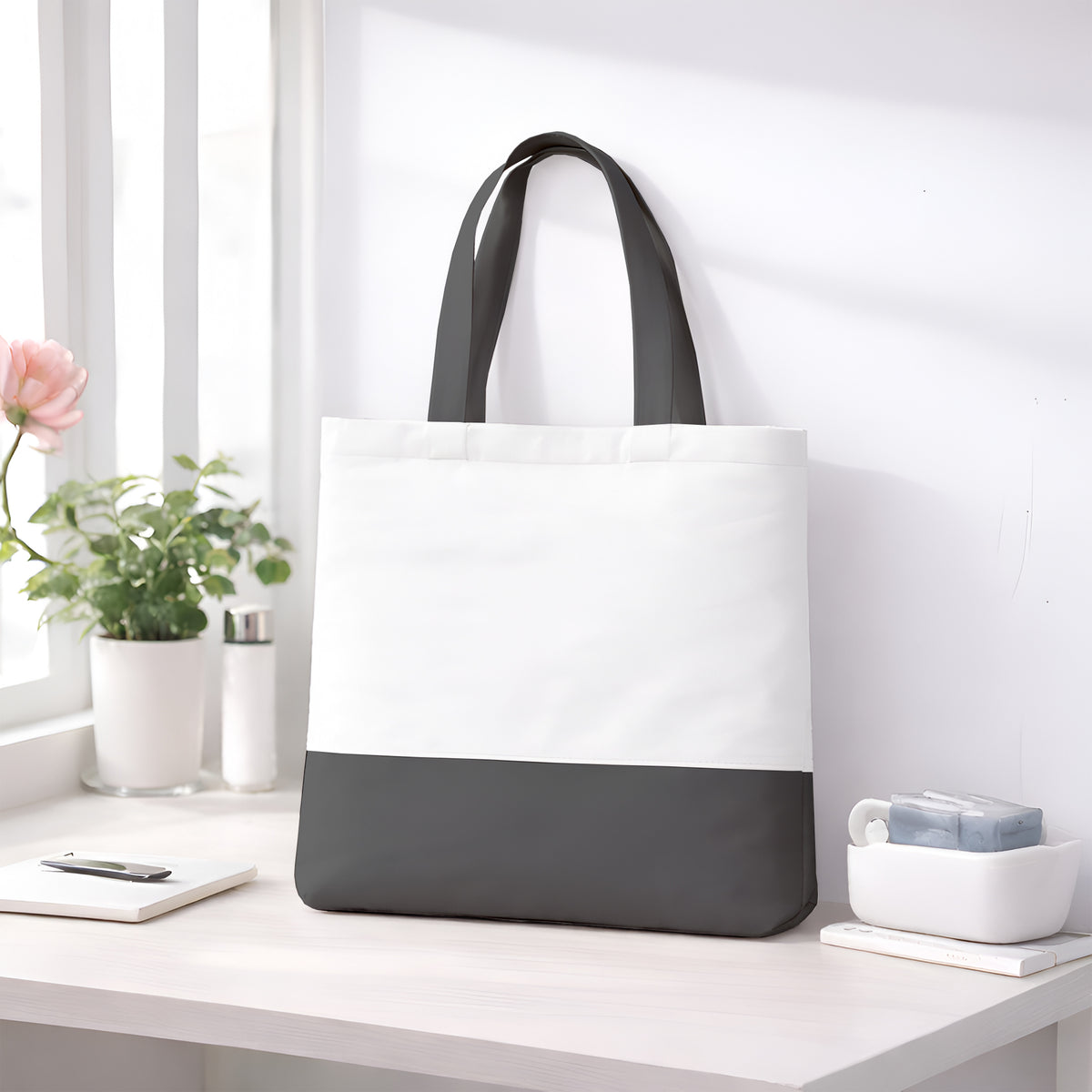 Premium Quality 100% Cotton Tote Bag 13 x 15 Inch – Reusable Eco-Friendly Canvas Shopping, Travel & Daily Carry Bag (Dark Grey/White)