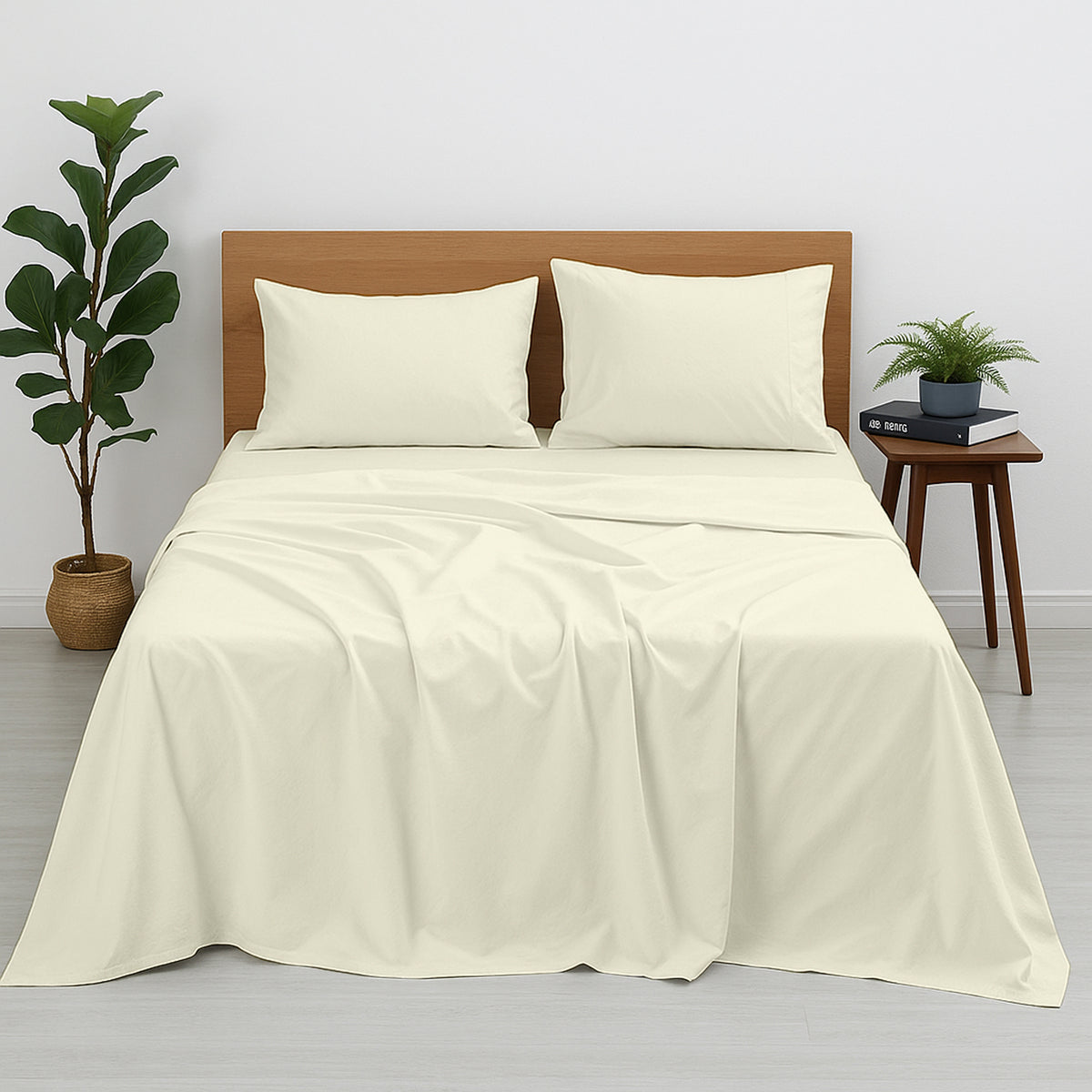 Premium 100% Cotton 4-Piece Bed Sheet Set | 400 TC | Flat Sheet, Elastic Fitted Sheet & 2 Pillow Covers | 10-Inch Deep Pocket (Ivory)