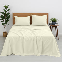 Premium 100% Cotton 4-Piece Bed Sheet Set | 400 TC | Flat Sheet, Elastic Fitted Sheet & 2 Pillow Covers | 10-Inch Deep Pocket (Ivory)