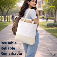 Premium Quality 100% Cotton Tote Bag 13 x 15 Inch – Reusable Eco-Friendly Canvas Shopping, Travel & Daily Carry Bag (Ivory/White)