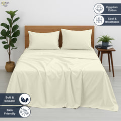 Premium 100% Cotton 4-Piece Bed Sheet Set | 400 TC | Flat Sheet, Elastic Fitted Sheet & 2 Pillow Covers | 10-Inch Deep Pocket (Ivory)