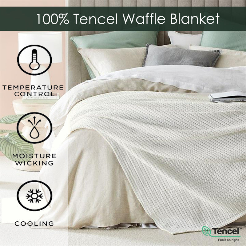 100% Tencel Waffle Weave Blanket Lightweight Washed Soft Breathable Blanket for All Season, Adults and Kids Ivory