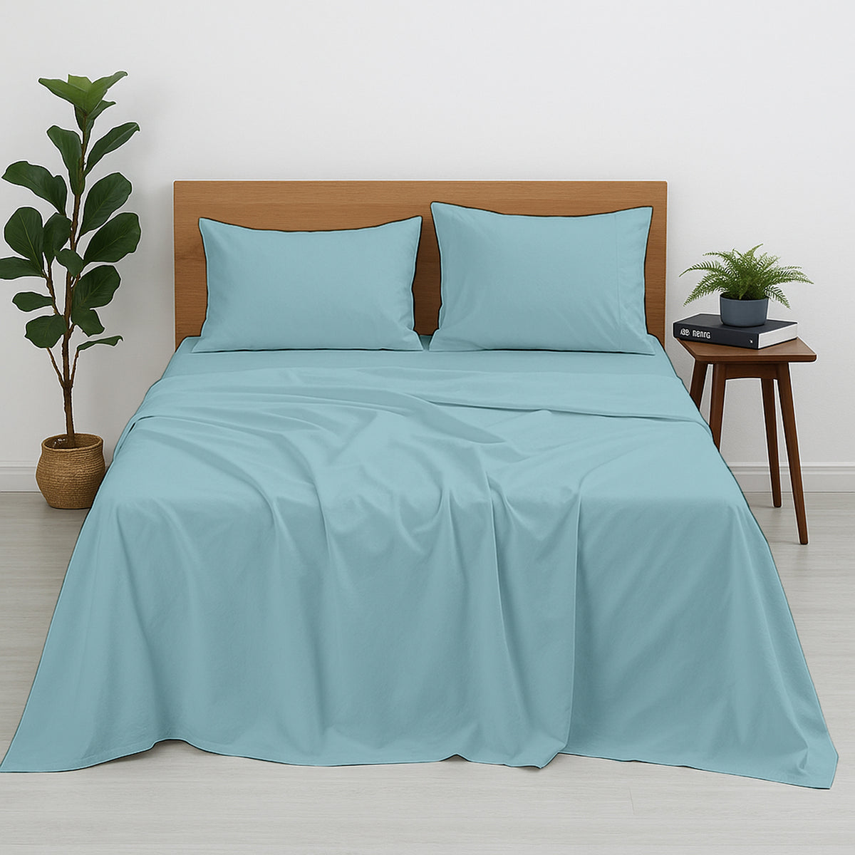 Premium 100% Cotton 4-Piece Bed Sheet Set | 400 TC | Flat Sheet, Elastic Fitted Sheet & 2 Pillow Covers | 10-Inch Deep Pocket (Light Blue)