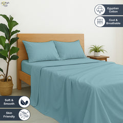 Premium 100% Cotton 4-Piece Bed Sheet Set | 400 TC | Flat Sheet, Elastic Fitted Sheet & 2 Pillow Covers | 10-Inch Deep Pocket (Light Blue)